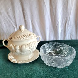 Ceramic Soup Tureen And Fruit Themed Glass Bowl