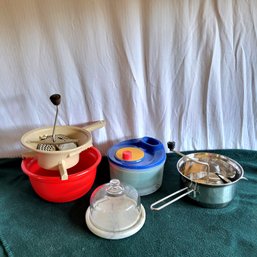 Marble Cheese Dish With Lid, Salad Spinner And 2 Rotary Food Mills