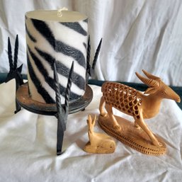 Zebra Candle On Metal Holder And 2 Wood Carved Animals *All Obtained In Africa On Safari