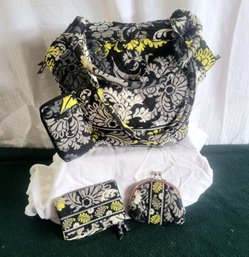 VERA BRADLEY Bowler Handbag Retired Baroque Black Yellow Gray Purse Handbag, Change Purse, Wallet And Phone C