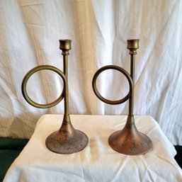 Brass French Horn Candlestick Holders