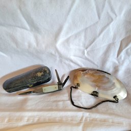 Vintage Clam Shell Purse And Army Knife