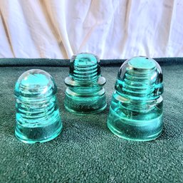 Set Of 3 Light Blue GLASS INSULATORS New England Tel, Brimfield NY & 'B' Unknown