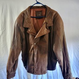 Mens Brown Bomber Jacket Coat Large Leather Zip Snap Front 1989 Vintage IOU Gift