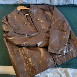 Mens Guess X Large Vintage Faux Leather Bomber Jacket Full Zip Brown