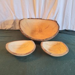 Hand Carved Wooden Bowl Set Signed By Artist