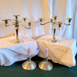 2 Silver Plated 5 Candle Candelabras And 2 Pewter Candle Holders