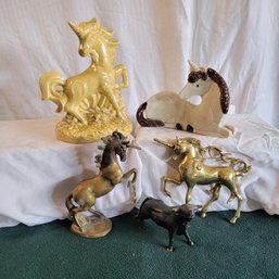 Ceramic Unicorns, Brass Unicorns And Cast Iron Bull *Bull Is Missing Tip Of 1 Horn