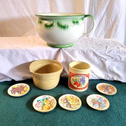 Vintage Chamber Pot With 2 Kitchen Crocks And Mini Alphabet Dishes