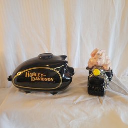 Harley Davidson Piggy Bank And Salt And Pepper Shakers