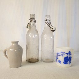 Vintage Glass Bottles, Hopalong Cassidy Milk Glass Mug And Mini Stone Jug