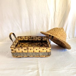 Straw Hat And Metal Wrapped Basket