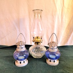 Vintage Oil Lamp And 2 Tea Light Lanterns