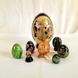 Russian Hand Carved Faberge & Faberge 'style' Eggs Plus Other Wooden Or Ceramic Eggs