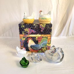 Ceramic And Glass Ducks, Chickens, Bunny And Rooster Plus Gift Box