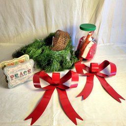 Red Metal Bows, Snowman In A Jar, Garland, Ribbon And Box