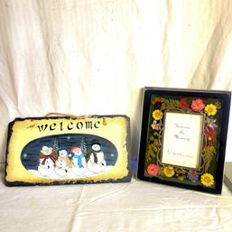 Slate Welcome Sign With Snowman And Beautiful Pressed Flowers Frame