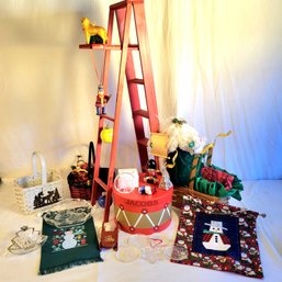 32' Tall Red Ladder, Christmas Ornaments, Baskets And Other Decor