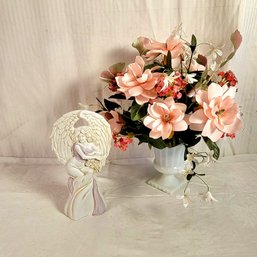 Beautiful Angel Vase And Milk Glass Vase With Faux Florals