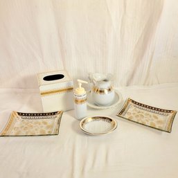 Bathroom Set In White And Gold By Andre Richard Plus 2 Gold Accent Dishes Signed By Georges Briard