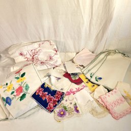 Antique Hankerchiefs, Vintage Embroidered Table Cloths And Set Of 16 Embroidered Placemats