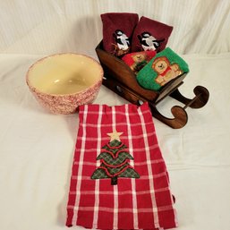 Stoneware Mixing Bowl, Wooden Sleigh And Small Hand Towels