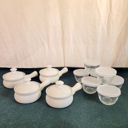 Set Of 4 White Ceramic Iidded Crocks And Libbey Glass Containers With Lids