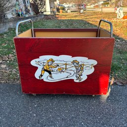 Vintage Pushcart Toy Box With Cowboys And Faux Wood Finish