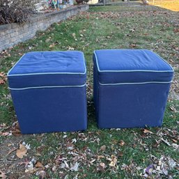 Pair Of Cute Navy Blue Cloth-Covered Storage Ottomans