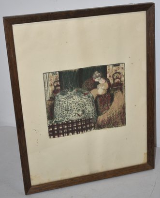 VINTAGE COLORED ETCHING OF MOTHER & BABY AT TABLE