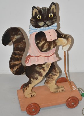 VINTAGE PAINTED WOODEN CAT PULL TOY