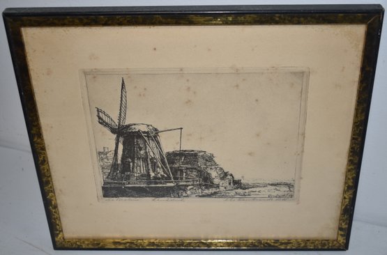 19TH CENT REMBRANDT WINDMILL ETCHING