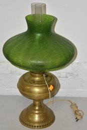 VINTAGE BRASS RAYO LAMP W/ GREEN CRACKLE GLASS SHADE