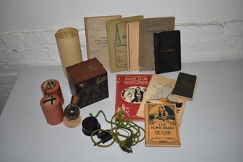 TRAY LOT VINTAGE RADIO RELATED EPHEMERA & EQUIPMENT