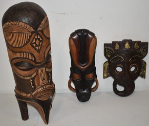(3) CARVED & DECORATED WOODEN MASKS