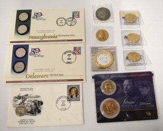 (3) FIRST DAY COVERS AND PRESIDENTIAL COINS