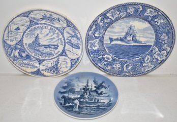 (3) BLUE & WHITE BATTLESHIP PLATES