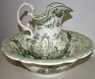 STAFFORDSHIRE GREEN TRANSFER PITCHER & BOWL SET