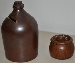 (2) MINIATURE BROWN STONEWARE ITEMS