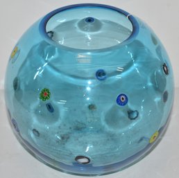 BLUE ART GLASS VASE W/ BROKEN CANE DECORATION