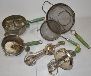 VINTAGE GREEN HANDLED KITCHENWARE