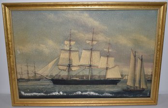 CHROMOLITHO PRINT ON CANVAS OF SCHOONER IN PORT