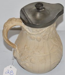 ENGLISH SALT GLAZED SYRUP JUG W/ EMBOSSED STRAWBERRY DESIGN & PEWTER TOP