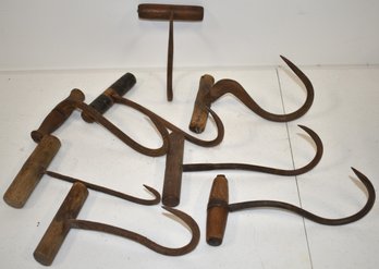 LOT 8 IRON HAY HOOKS W/ TURNED WOODEN HANDLES