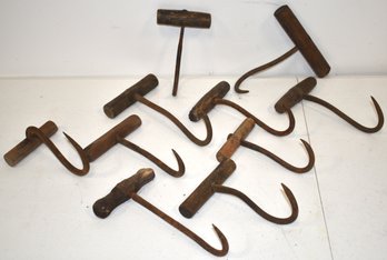 (10) IRON HAY HOOKS W/ TURNED WOODEN HANDLES