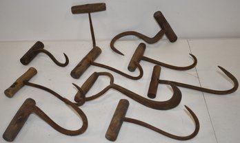 (10) IRON HAY HOOKS W/ TURNED WOODEN HANDLES