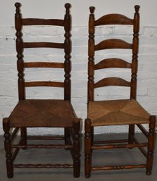 (2) 18TH CENT LADDERBACK CHAIRS W/ RUSH SEATS