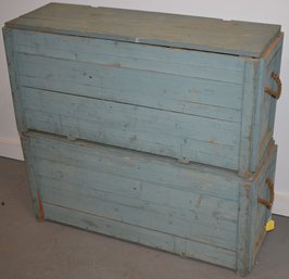 (2) PAINTED WOODEN CRATES W/ ROPE HANDLES IN LIGHT BLUE PAINT