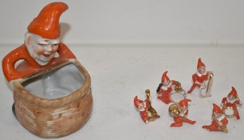 VINTAGE JAPANESE ELF PLANTER W/ 6 PC. RED ELF MIINATURE BARD