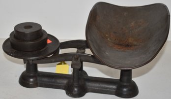 VINTAGE CAST IRON SCALE W/ TIN PAN & 2 CAST IRON WEIGHTS